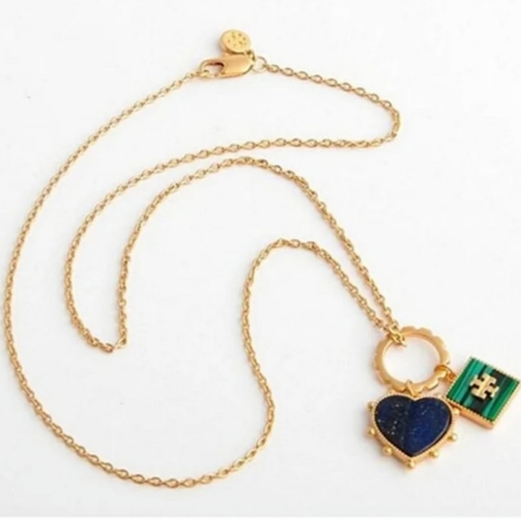 Tory Burch Vintage Gold Plated Mother Of Pearl Heart and Square Charm Ne… - Picture 6 of 12
